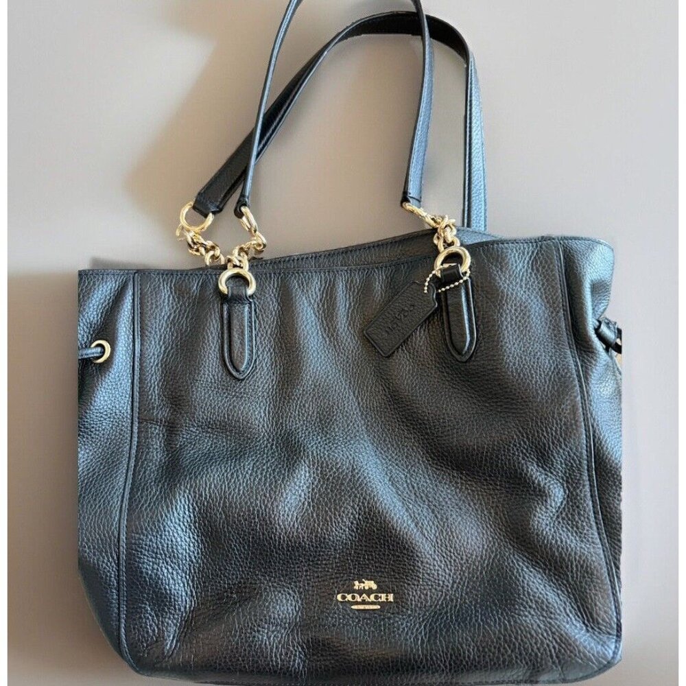 Coach Black Pebble Leather Purse bag With Gold Chains Medium/Large
